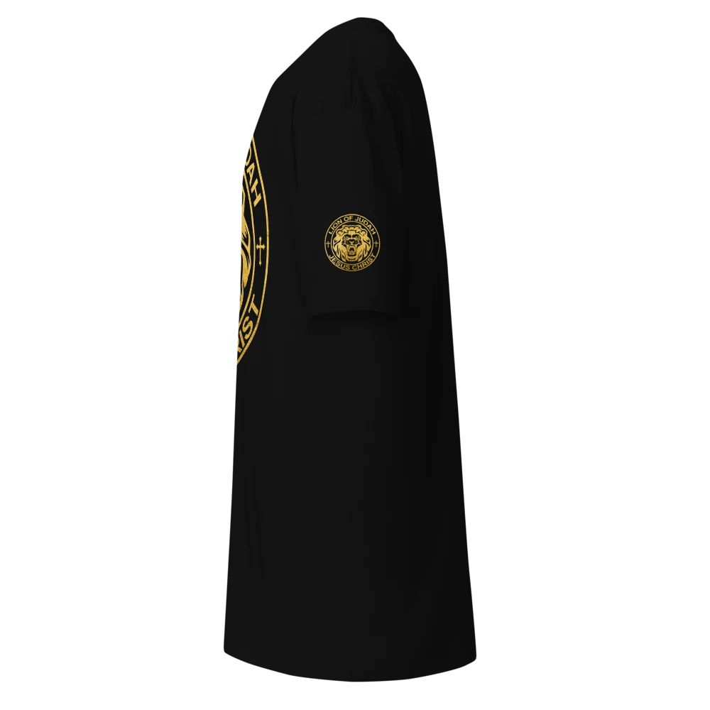 Lion of Judah black Christian T-shirt side view with gold graphic