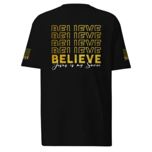 I Believe Jesus Is My Savior Black Christian T-Shirt with gold graphic