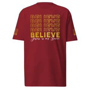 I Believe Jesus Is My Savior Red Christian T-Shirt with gold graphic