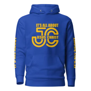 It's All About Jesus Christ Blue Christian Hoodie with yellow graphic