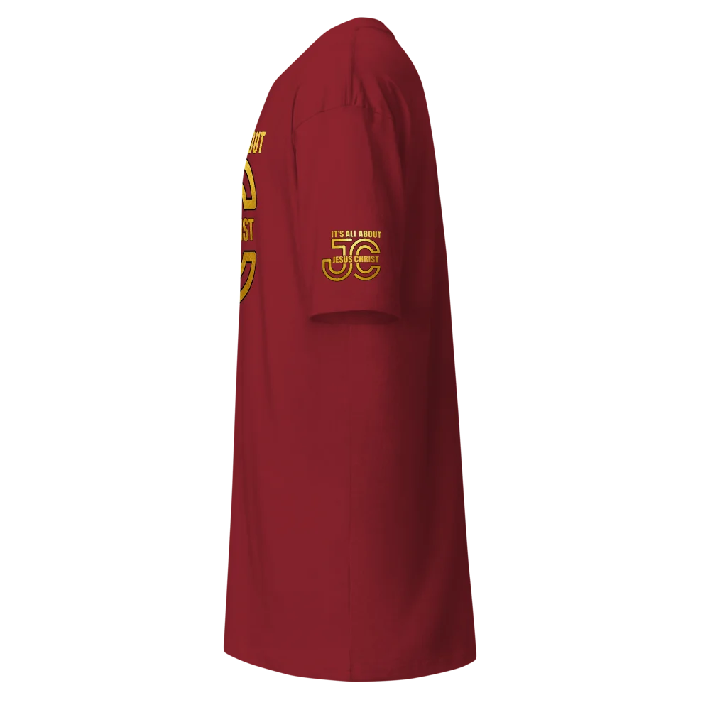 It's All About Jesus Christ brick red Christian T-shirt - left side view