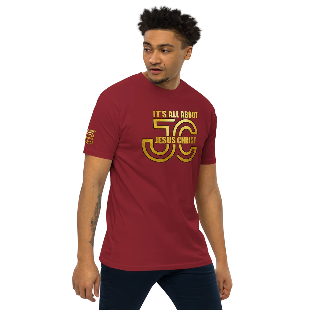 It's All About Jesus Christ brick red Christian T-shirt - right front view