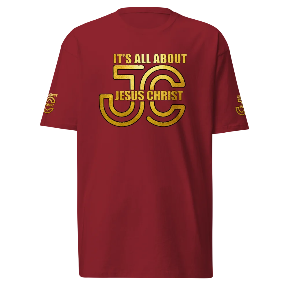 It's All About Jesus Christ Brick Red Christian T-Shirt with gold graphic