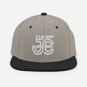 It's All About Jesus Christ embroidered heather grey and black snapback hat