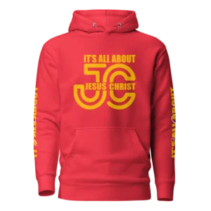 It's All About Jesus Christ Red Christian Hoodie with yellow graphic