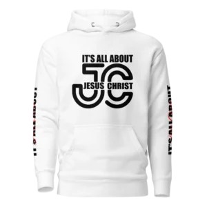 It's All About Jesus Christ White Christian Hoodie with yellow graphic