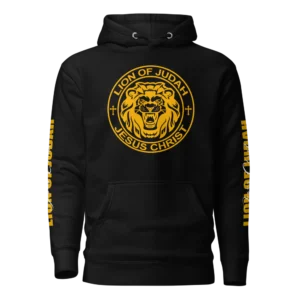Jesus Christ Lion of Judah Black Christian Hoodie with yellow graphic