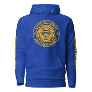 Jesus Christ Lion of Judah Blue Christian Hoodie with yellow graphic