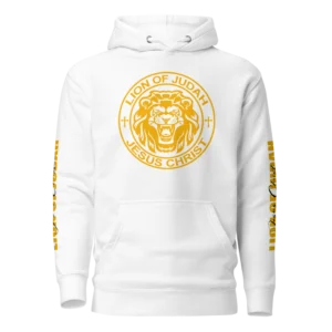 Jesus Christ Lion of Judah White Christian Hoodie with yellow graphic