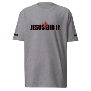 Jesus Did It Carbon Grey Christian T-Shirt with black and red graphic