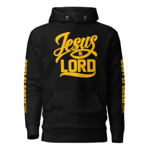 Jesus Is Lord Black Christian Hoodie with yellow graphic
