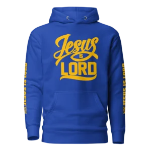 Jesus Is Lord Blue Christian Hoodie with yellow graphic