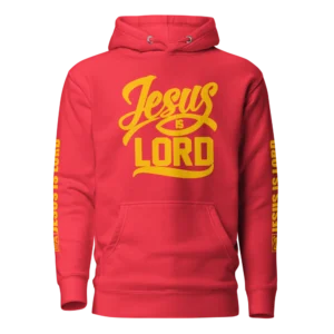Jesus Is Lord Red Christian Hoodie with yellow graphic