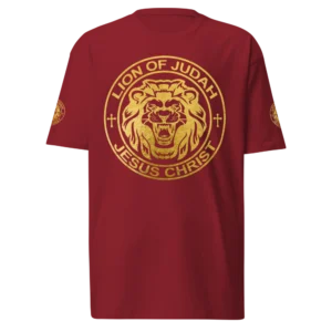 Lion of Judah Brick Red Christian T-Shirt with gold graphic