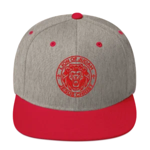 Lion of Judah Jesus Christ embroidered heather grey and red snapback hat