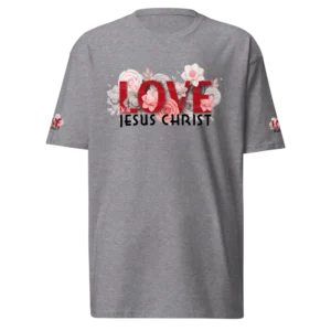 Love With Jesus Christ Carbon Grey Christian T-Shirt with red pink and black floral graphic