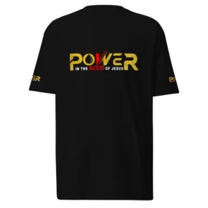 Power in the Blood of Jesus Black Christian T-Shirt with gold graphic