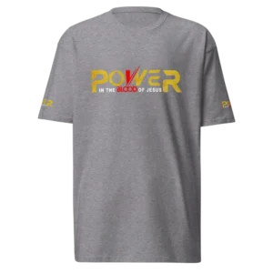 Power in the Blood of Jesus Carbon Grey Christian T-Shirt with gold graphic