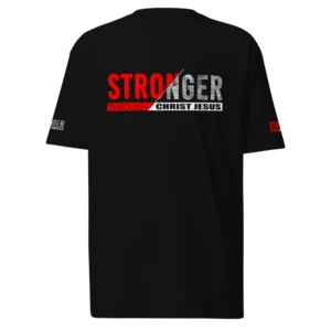 Stronger Through Christ Jesus Black Christian T-Shirt with red and white graphic
